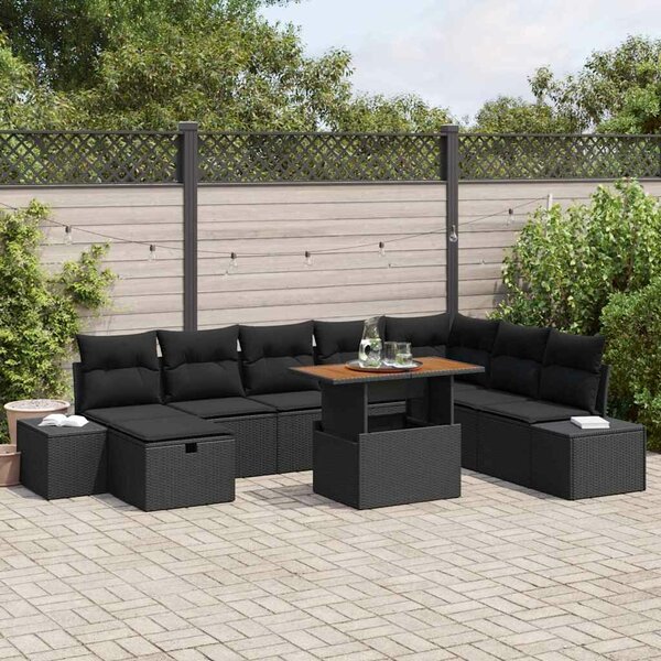 VidaXL Kerti Kanapé Szett tárolóval 9 pcs Fekete Poli rattan