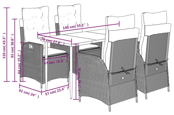 VidaXL 5 részes fekete polyrattan kerti étkezőgarnitúra párnákkal