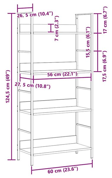 4 szintes fehér szerelt fa könyvespolc 60 x 27,6 x 124,5 cm