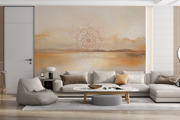Fotótapéta Texturált, szimmetrikus mandala mintázat, amely egy tengerrel, dombokkal és éggel, Boho stílusú fotótapéta, w09491 : Uwalls.hu