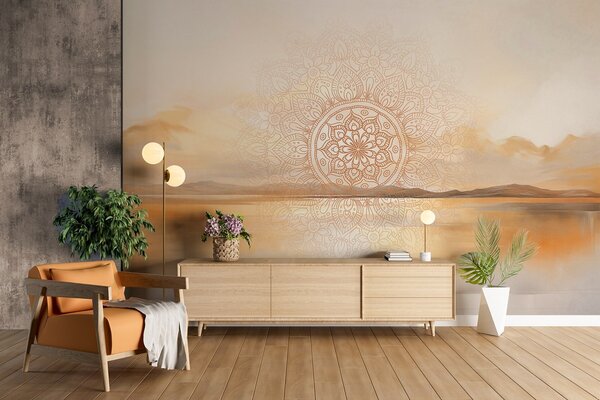 Fotótapéta Texturált, szimmetrikus mandala mintázat, amely egy tengerrel, dombokkal és éggel, Boho stílusú fotótapéta, w09491 : Uwalls.hu