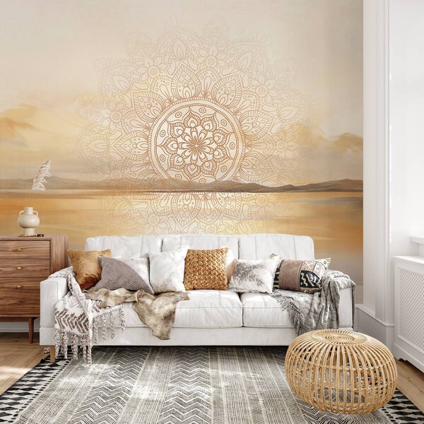 Fotótapéta Texturált, szimmetrikus mandala mintázat, amely egy tengerrel, dombokkal és éggel, Boho stílusú fotótapéta, w09491 : Uwalls.hu