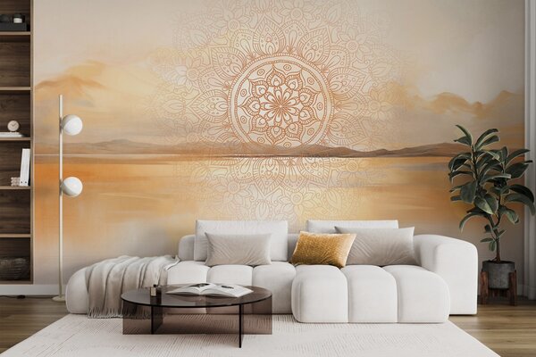 Fotótapéta Texturált, szimmetrikus mandala mintázat, amely egy tengerrel, dombokkal és éggel, Boho stílusú fotótapéta, w09491 : Uwalls.hu
