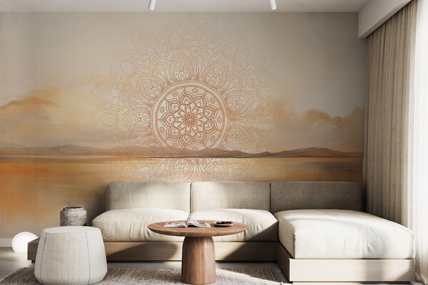 Fotótapéta Texturált, szimmetrikus mandala mintázat, amely egy tengerrel, dombokkal és éggel, Boho stílusú fotótapéta, w09491 : Uwalls.hu