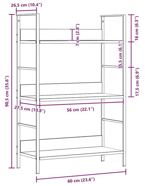 3 szintes fehér szerelt fa könyvespolc 60 x 27,6 x 90,5 cm