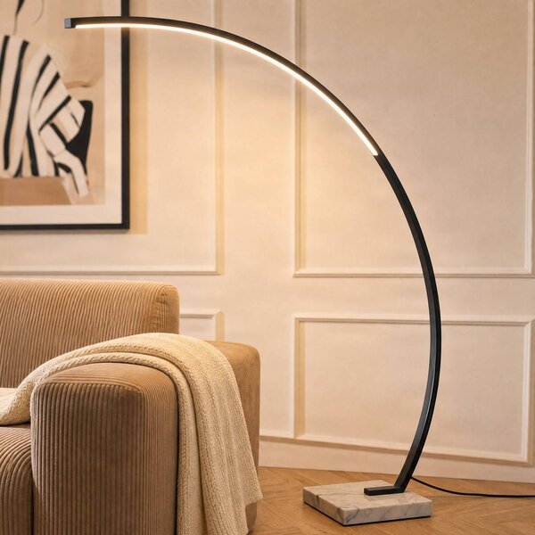 Lindby LED íves állólámpa Kendra, fekete, alumínium, magasság 180cm, dimmelhető, Fekete, Nappali / Étkező, fém, Modern