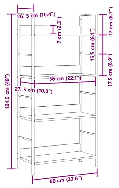 4 szintes tölgyszínű szerelt fa könyvespolc 60x27,6x124,5 cm