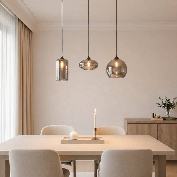 Lindby függőlámpa Marla, 3-lámpás, üveg, füstszürke, 102cm, dimmelhető, Alu / szürke / cink, Nappali / Étkező, fém, Modern