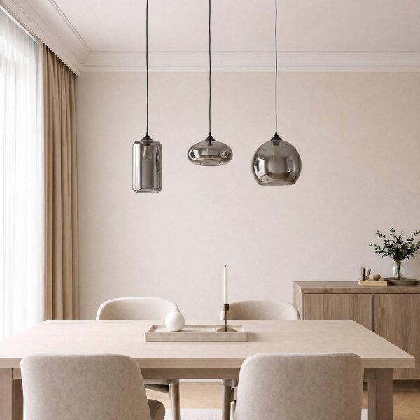 Lindby függőlámpa Marla, 3-lámpás, üveg, füstszürke, 102cm, dimmelhető, Alu / szürke / cink, Nappali / Étkező, fém, Modern