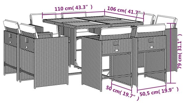 VidaXL 9 részes szürke polyrattan kerti étkezőgarnitúra párnával