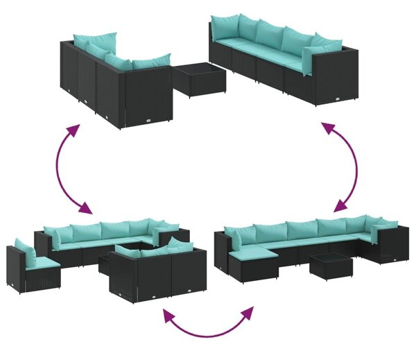 VidaXL 8 részes fekete polyrattan kerti ülőgarnitúra párnákkal