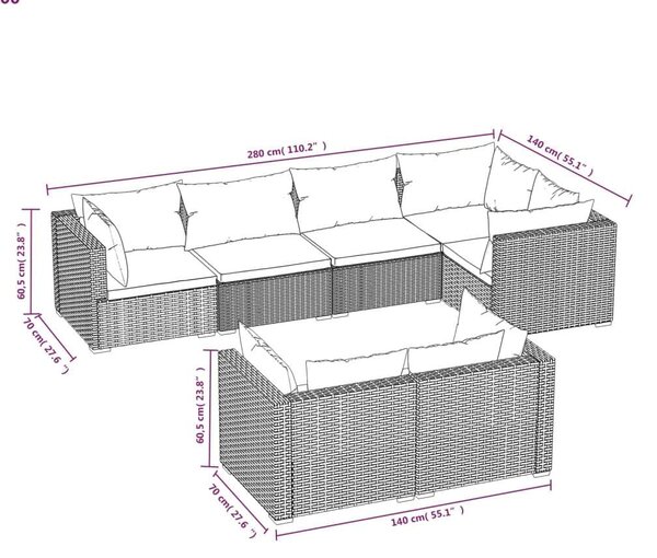 Polyrattan Kerti Ülőgarnitúra - 7 részes - Fekete