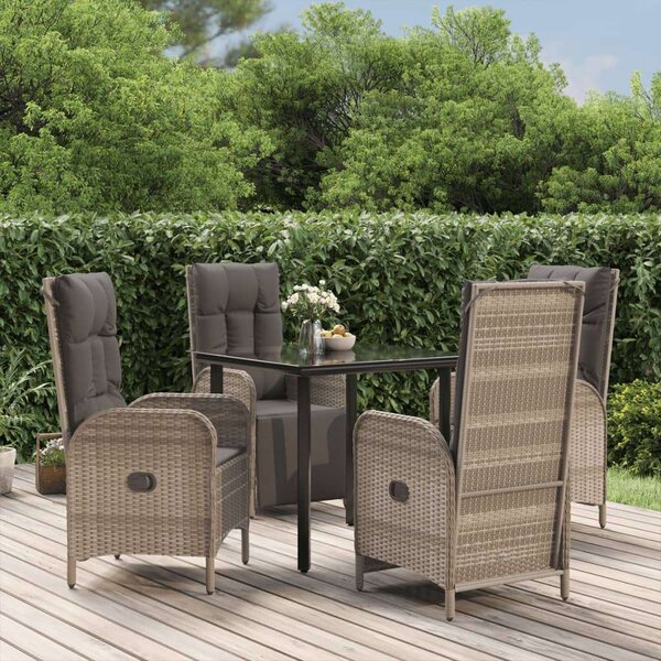 5 részes fekete és szürke polyrattan kerti étkezőszett párnával