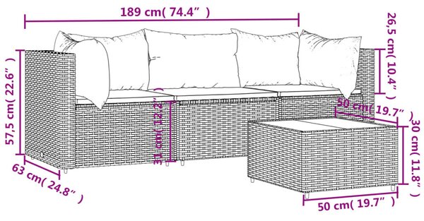Polyrattan Kerti Ülőgarnitúra - 4 részes - Szürke