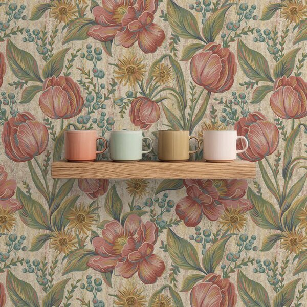 Tapéta Vintage tulipánok és őszirózsák, texturált krém alapon, Virágok és növények tapétá, a00773 : Uwalls.hu
