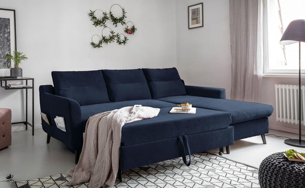 Stylish Stan sötétkék kinyitható bársony sarokkanapé, jobb oldali - Miuform