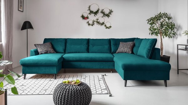 Stylish Stan türkiz kinyitható U alakú bársony kanapé, jobb oldali - Miuform