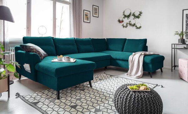 Stylish Stan türkiz kinyitható U alakú bársony kanapé, jobb oldali - Miuform
