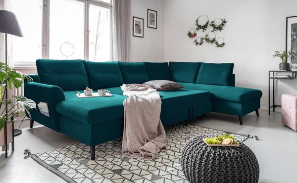 Stylish Stan türkiz kinyitható U alakú bársony kanapé, jobb oldali - Miuform