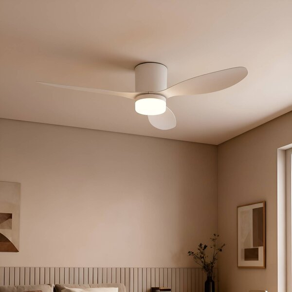 Lucande LED mennyezeti ventilátor Kayu, fehér, egyenáramú, csendes, Ø 132 cm, Fehér / opál, Nappali / Étkező, Műanyag, Modern