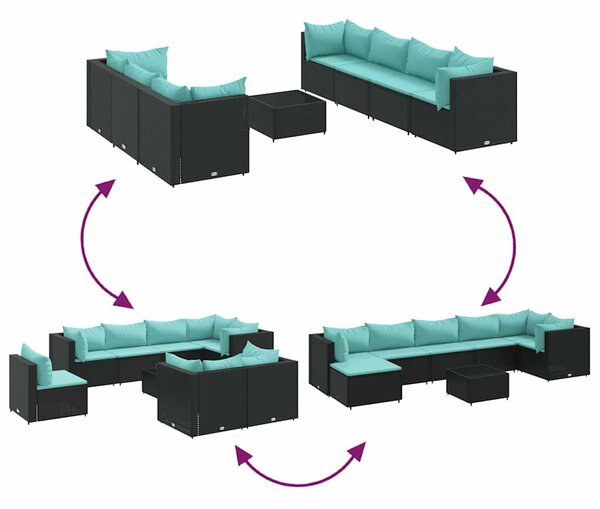 VidaXL 8 részes fekete polyrattan kerti ülőgarnitúra párnákkal
