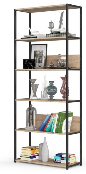 AKORD LOFT Industrialny Regał 6 Polcos Laminált Lemez Fekete/Sonoma Tölgy