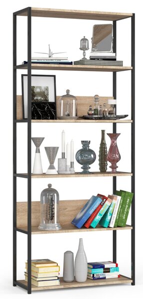 AKORD LOFT Industrialny Regał 6 Polcos Laminált Lemez Fekete/Sonoma Tölgy