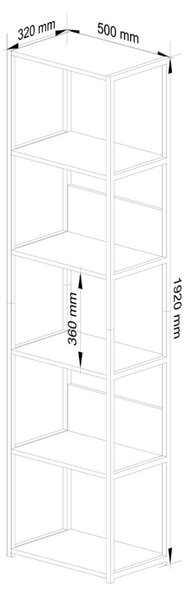 AKORD LOFT Ipari Stílusú Regál 50 cm Fém Váz Laminált Polcok Fekete/Sonoma Tölgy 6 Polcos