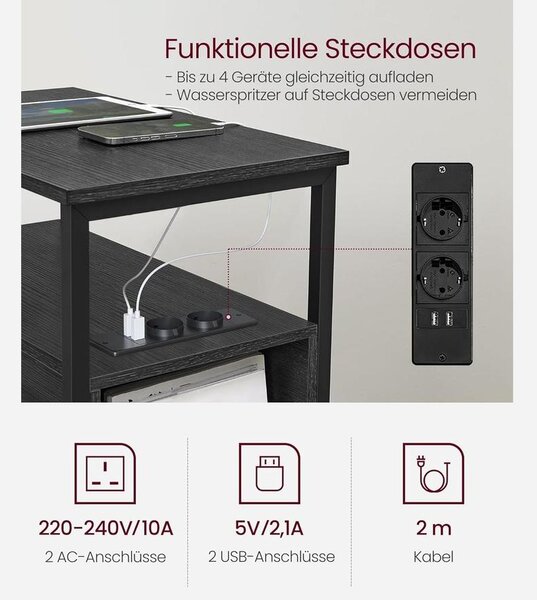 Éjjeliszekrény elosztóval és USB porttal, kis asztal 2 fiókkal, antracitszürke