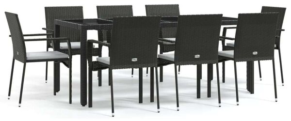 9 részes fekete polyrattan kerti étkezőgarnitúra párnákkal