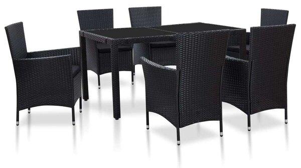 Polyrattan Kerti Étkezőgarnitúra - 7 részes - Fekete - Üveglap