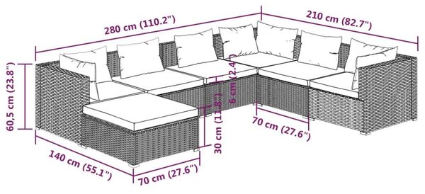 Polyrattan Kerti Ülőgarnitúra - 7 részes - Barna