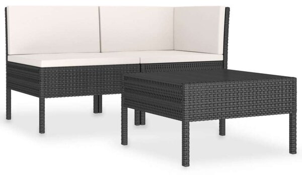 VidaXL 3 részes fekete polyrattan kerti ülőgarnitúra párnákkal