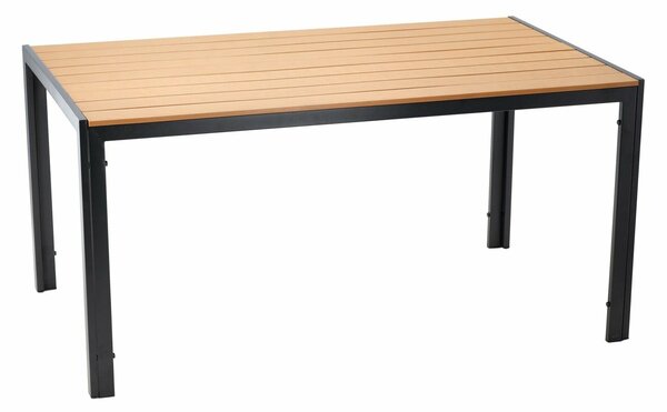 Kerti asztal, acélváz, polywood asztallap fa megjelenéssel, 150x90x73 cm, fekete és natúr barna