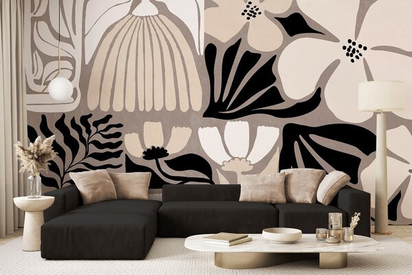 Fotótapéta Modern, minimalista stílusú virágok és levelek bézs, fekete és fehér színben,, Fotótapéta virágok és növények, w09547 : Uwalls.hu