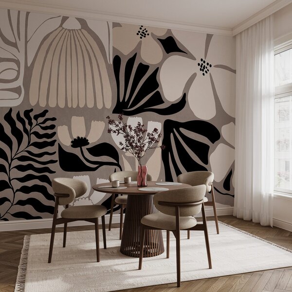 Fotótapéta Modern, minimalista stílusú virágok és levelek bézs, fekete és fehér színben,, Fotótapéta virágok és növények, w09547 : Uwalls.hu