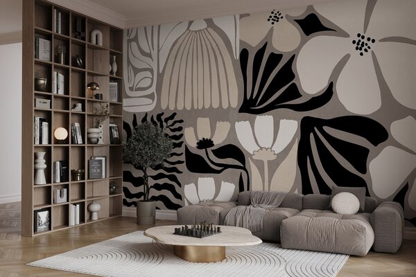 Fotótapéta Modern, minimalista stílusú virágok és levelek bézs, fekete és fehér színben,, Fotótapéta virágok és növények, w09547 : Uwalls.hu