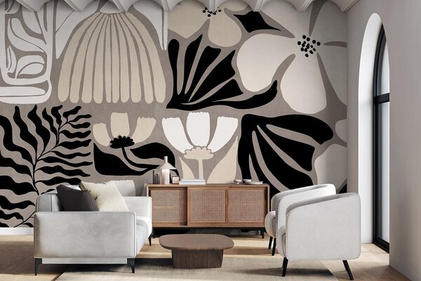 Fotótapéta Modern, minimalista stílusú virágok és levelek bézs, fekete és fehér színben,, Fotótapéta virágok és növények, w09547 : Uwalls.hu