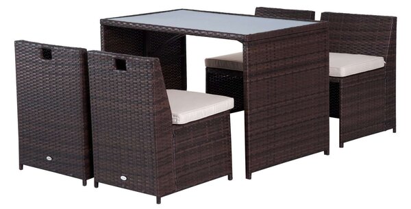 Outsunny 5 darabos rattan kerti bútor szett, étkezőasztal és 4 szék párnákkal