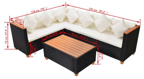 VidaXL 4-részes fekete polyrattan kerti bútorszett párnákkal