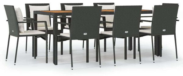 VidaXL 9 részes fekete polyrattan kerti étkezőgarnitúra párnákkal