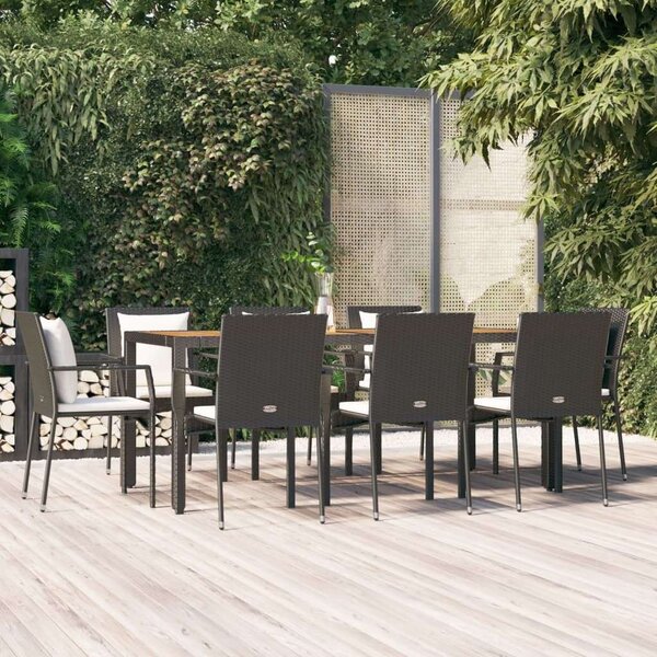 VidaXL 9 részes fekete polyrattan kerti étkezőgarnitúra párnákkal