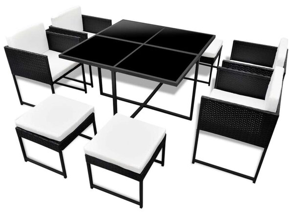 VidaXL 9-részes fekete polyrattan kültéri étkezőszett párnákkal