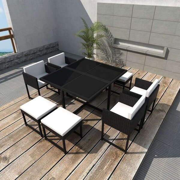 VidaXL 9-részes fekete polyrattan kültéri étkezőszett párnákkal