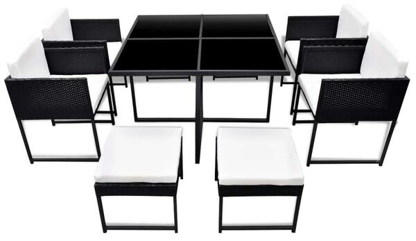 VidaXL 9-részes fekete polyrattan kültéri étkezőszett párnákkal