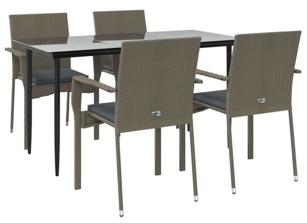 VidaXL 5 részes fekete és szürke polyrattan kerti étkezőszett párnával