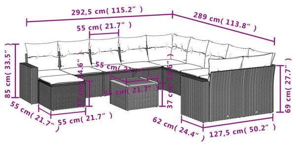 VidaXL Polyrattan Kerti Ülőgarnitúra - 12 részes - Fekete