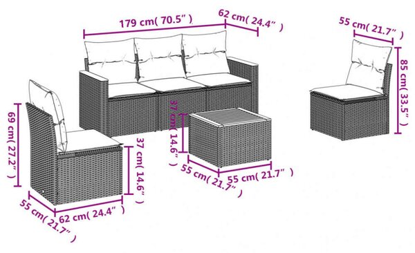 VidaXL 6 részes bézs polyrattan kerti ülőgarnitúra párnával