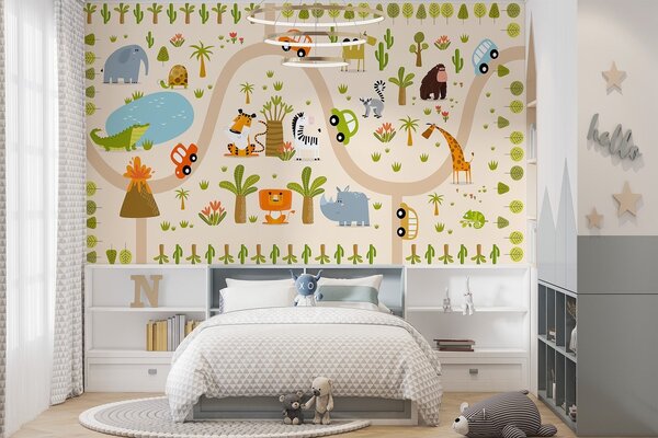 Fotótapéta Szafari állatokkal és autóval, Gyerek fotótapéta, w04931 : Uwalls.hu