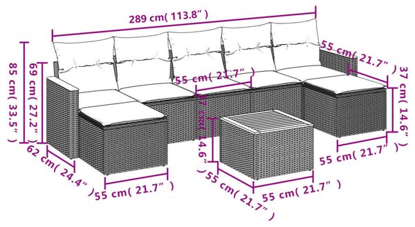 Polyrattan Kerti Ülőgarnitúra - 8 részes - Fekete